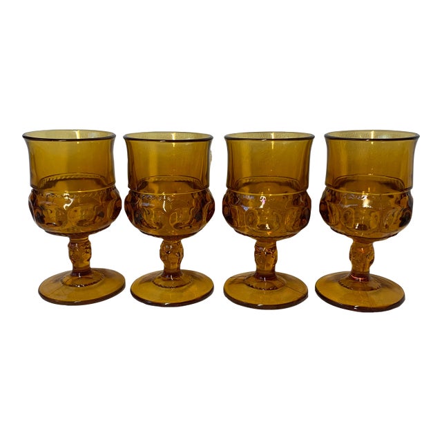 1960s Indiana Glass Amber Footed Goblet - King’s Crown - Set of 4 For Sale