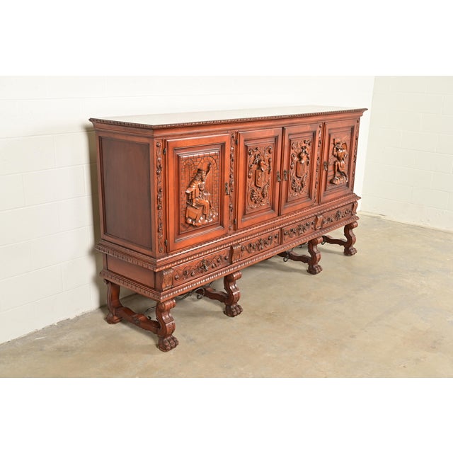 R. J. Horner & Co. Antique Spanish Renaissance Revival Monumental Ornate Carved Walnut Sideboard or Bar Cabinet For Sale - Image 4 of 15