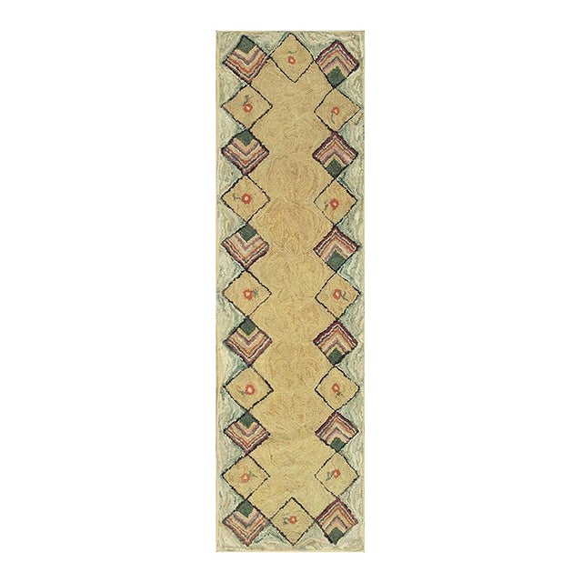 1880s Rustic Beige Open Field Folk Art Runnner Antique American Wool Hooked Rug For Sale