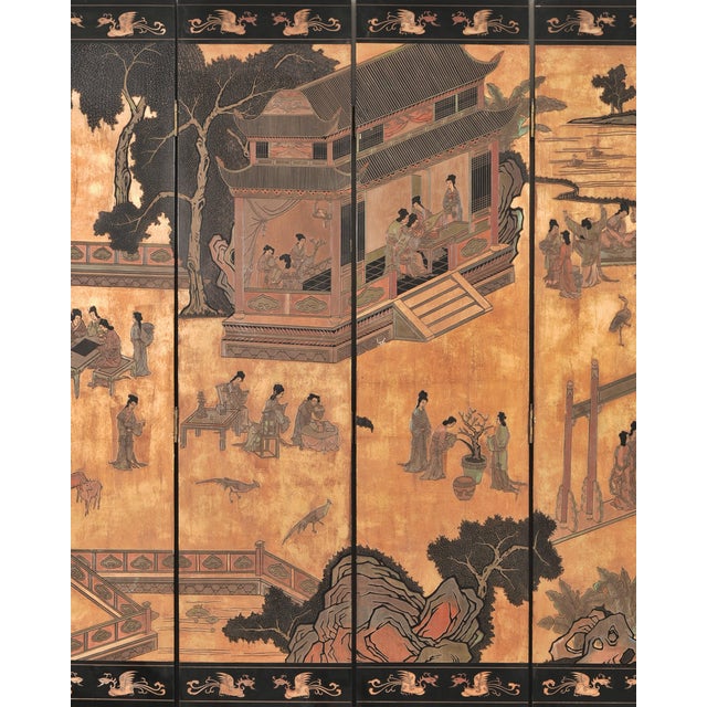 Mid 20th Century Chinese Export Eight-Panel Coromandel Screen Gilt Pavilion 10 Ft For Sale - Image 5 of 18