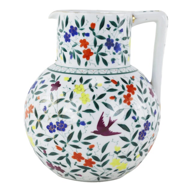 Vintage Floral Bird Ceramic Pitcher With Colorful Hand-Painted Flowers For Sale