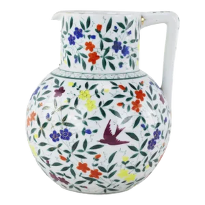 Vintage Floral Bird Ceramic Pitcher With Colorful Hand-Painted Flowers