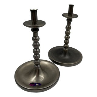 Mid-Century Brushed Chrome Bobbin Candlestick Holders Set Taper by Stoff Nagel, 1950s, Set of 2 For Sale