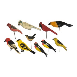 Set of 10 Mid-20th Century Hand-Painted Folk Art Mostly Wooden Bird Silhouettes on Metal Rods For Sale