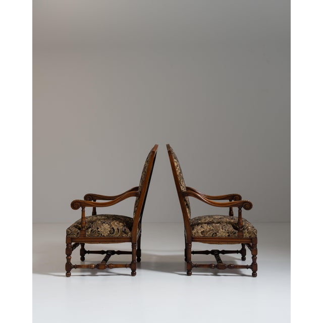 Pair of 19th Century French Dark Brown Louis XIII Upholstered Throne Armchairs For Sale - Image 9 of 14