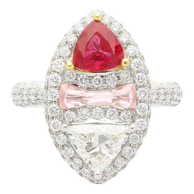 Grs Certified Trilliant Burma Ruby and Diamond Long Oval Toi Et Moi Ring Size 6 For Sale