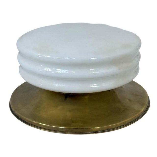 Vintage Art Deco Italian Brass and Opaline Glass Ceiling-mounted Lamp from Deknudt Lustrerie For Sale - Image 5 of 9