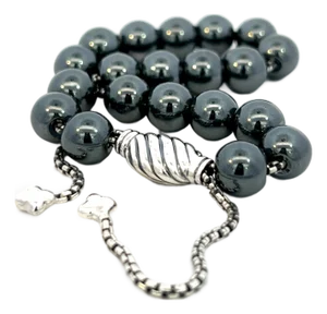 1990s David Yurman Hematite Spiritual Beads Bracelet 6.6 - 8.5" Silver 8 Mm Estate