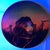 This circular artwork captures a figure against a vibrant sunset backdrop, with striking hues of orange and blue blending...