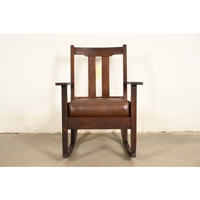 Mission Limbert Antique Mission Oak Arts & Crafts Rocking Chair, Circa 1910 For Sale - Image 3 of 13