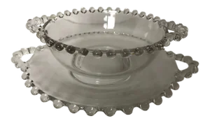 Vintage Candlewick Glass Handled Mayonnaise Sauce Bowl & Plate