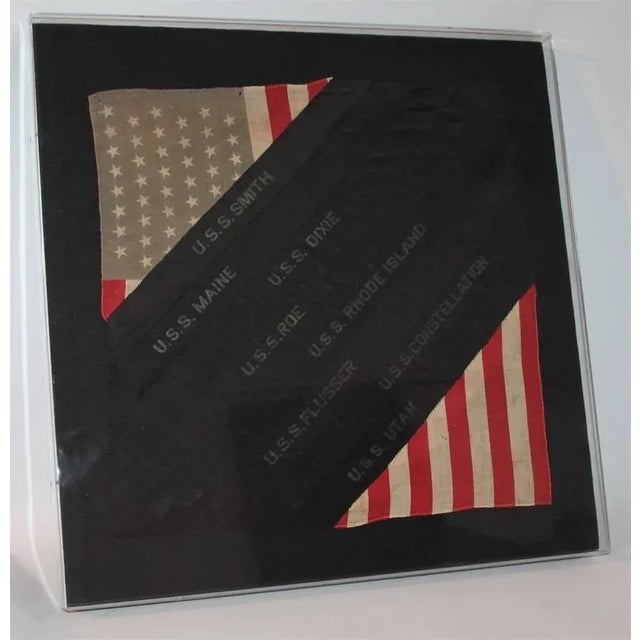 1940s Framed Hand Sewn Patriotic Sham Made From a Flag and Ship Ribbons For Sale - Image 5 of 7