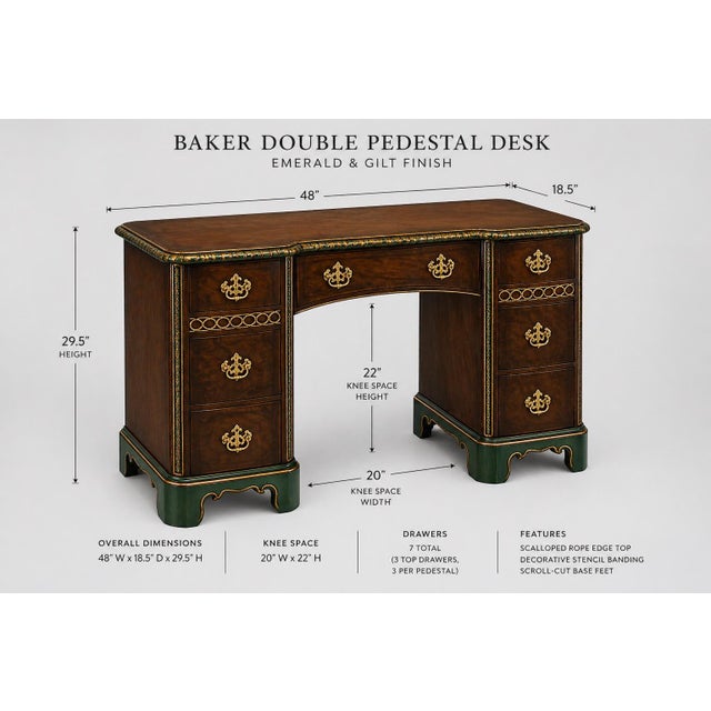 Vintage Baker Double Pedestal Desk — Emerald & Gilt Accents, 48” Walnut Writing Desk For Sale In Los Angeles - Image 6 of 10