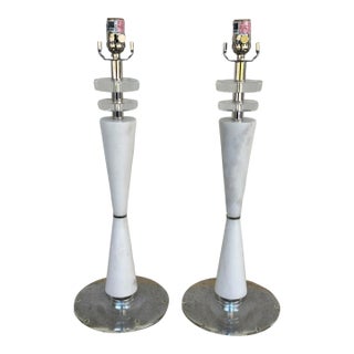 Currey & Co Modern White Marble & Glass Lamps - Pair. For Sale