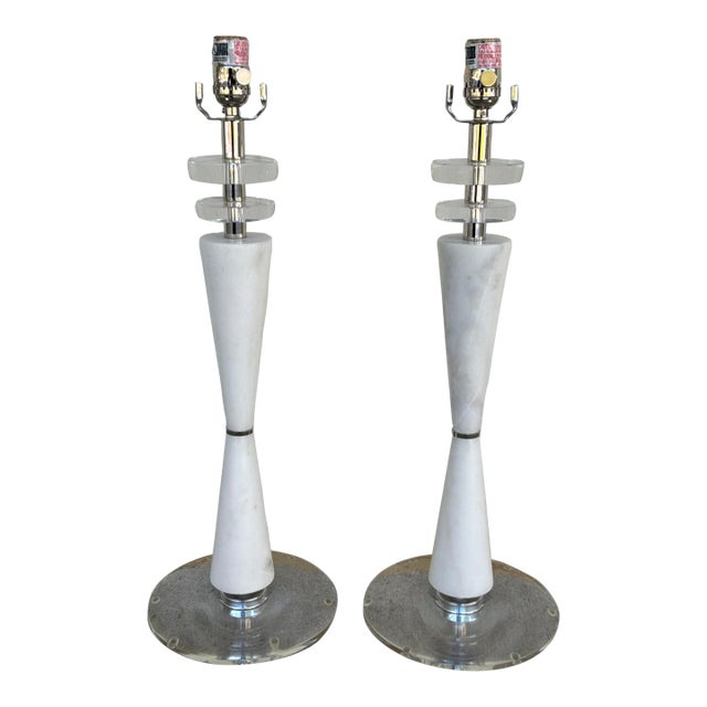 Currey & Co Modern White Marble & Glass Lamps - Pair. For Sale