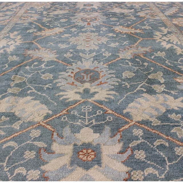 Blue Turkish Oushak Rug With Floral Design in Light Steel Blue and Coral Accent For Sale - Image 8 of 12