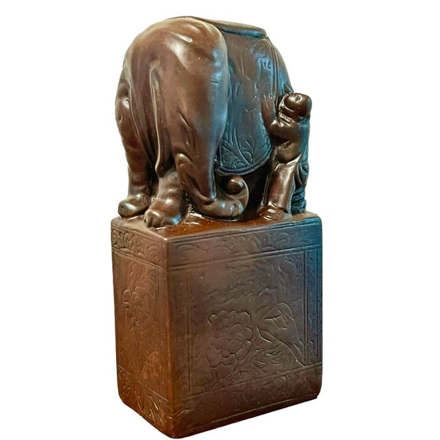 Chinoiserie Chinoiserie Asian Elephant Incised Soapstone Bookends, a Pair For Sale - Image 3 of 9