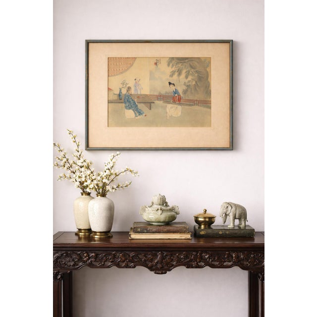 Chinese Antique Chinese Silk Painting Scholar Scene Framed W Calligraphy Seal For Sale - Image 3 of 7