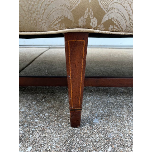 Mid-Century Modern Scroll Arm Down Filled Camelback Sofa- Reupholstered in Golden Cream Damask Silk For Sale - Image 3 of 12