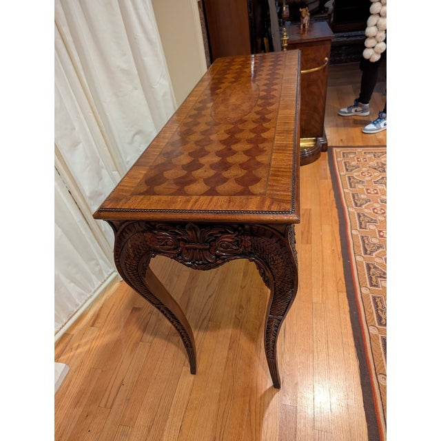 Wood Antique Louis XV Style Inlaid Walnut/Kingwood/Mahagony and Maple Parquetry Featuring Ornate Carvings, Cabriole Legs and Center Figural Carvings For Sale - Image 7 of 9