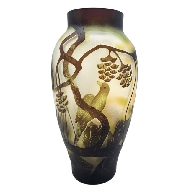 Chinese Peking Cameo Overlay Glass Vase With Bird and Pine Tree Motif, Frosted Art Glass For Sale - Image 11 of 13