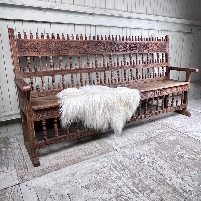 Large Antique Spanish Colonial Carved Hardwood Bench Late 18th / Early 19th Century For Sale - Image 4 of 11