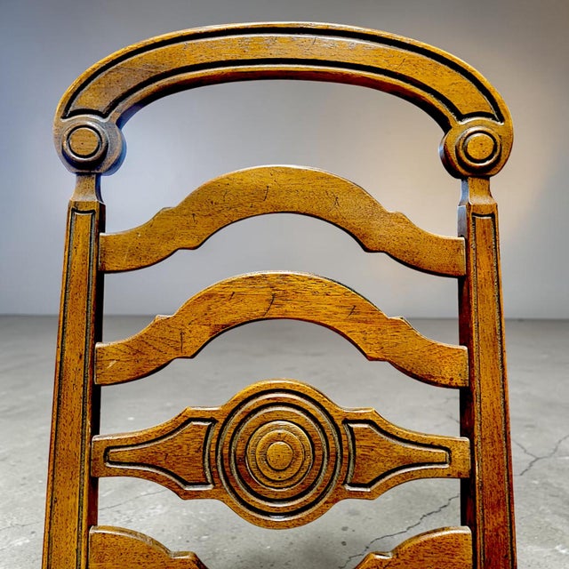 Chestnut Rare 1966 Thomasville Formal Ladderback Style Dining Chairs Original Yellow Patterned Upholstery For Sale - Image 8 of 16