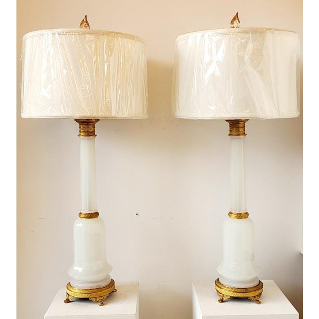 Pair of Antique Frence Louis Faceted Opaline and Guilt Table Lamps For Sale - Image 11 of 11