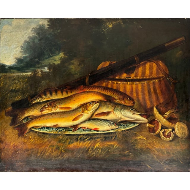 Oil on relined canvas, 19th century, still life with fish, signed lower right "H L Rolfe" This composition depicts an...