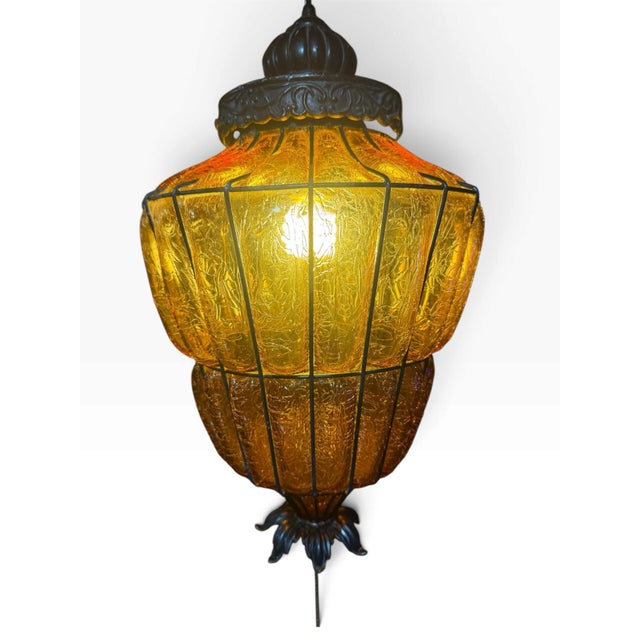 Mid-Century Modern Vintage Amber Textured Glass Swag Pendant Lamp With Decorative Metal Cage, Newly Rewired For Sale - Image 3 of 8