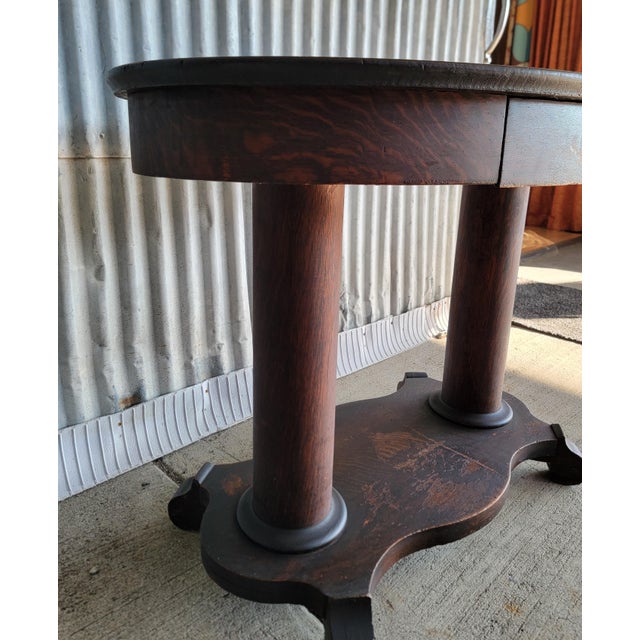Antique Oval Library Table Tiger Oak With Column Base Circa. 1890 For Sale - Image 9 of 13