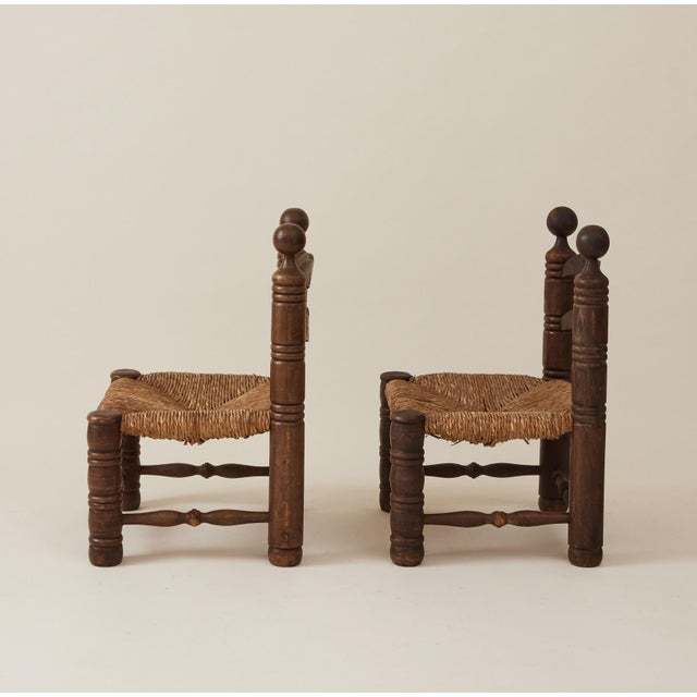 Mid-Century Modern 1960s Charles Dudouyt Brutalist Low Fireside Chairs, Oak and Rush, a Pair For Sale - Image 3 of 9