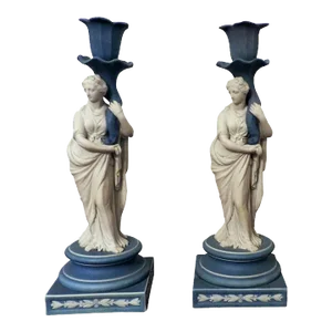 Early 19th Century Wedgwood Classical Jasperware Figural Candlesticks - a Pair