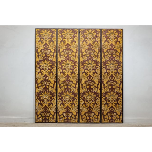 Late 20th Century Four-Panel Red and Gold Screen with Hand-Painted Floral and Foliate Motifs For Sale - Image 5 of 12