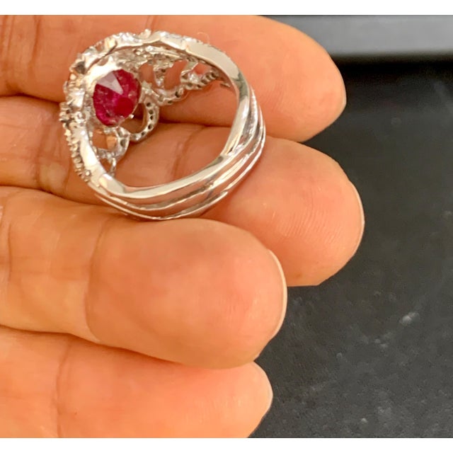 Ruby Red 4 Carat Natural Ruby and Diamond 18 Karat White Gold Cocktail Ring For Sale - Image 8 of 18