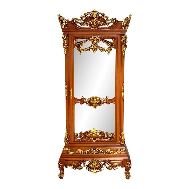 Luxury French Louis XV Display Armoire, Gold Leaf & Elegant Upholstered Interior For Sale