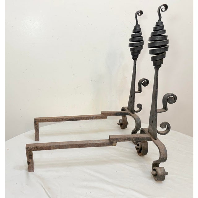 Metal Rare Antique 19th Century Hand Wrought Iron Fireplace Firedogs Black Andirons For Sale - Image 7 of 13