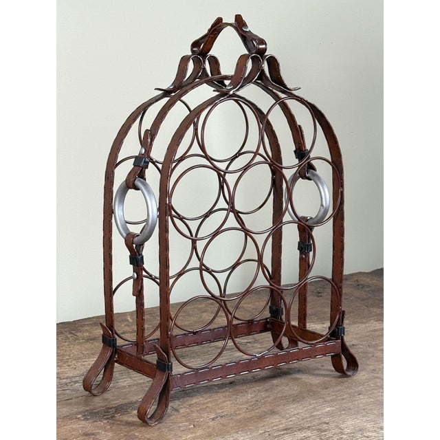 Mid 20th Century Vintage Jacques Adnet Style Faux Leather Equestrian Metal Wine Bottle Rack For Sale - Image 5 of 6