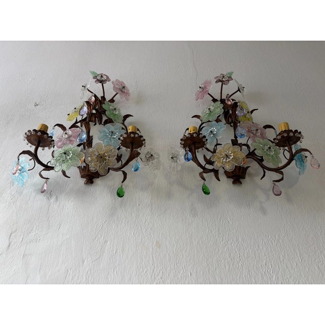 Italian Italian Murano Multicolor Prisms Flowers Gilt Metal Sconces, C 1930 For Sale - Image 3 of 15