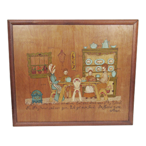 Mid-Century American Folk Art Painted Wood Panel With Table Prayer