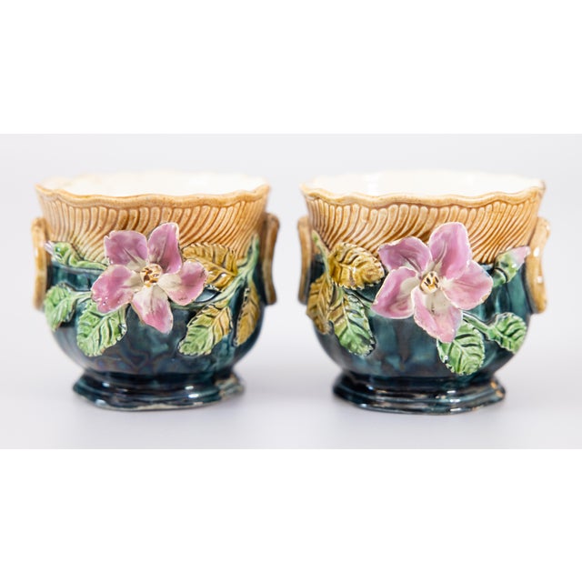 19th Century Petite French Majolica Barbotine Floral Cachepots Jardinieres For Sale - Image 11 of 11