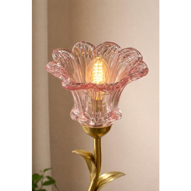 Hollywood Regency Pink Glass Tulip Accent Table Lamp With Gilded Metal Stem – 17” Tall For Sale - Image 3 of 7