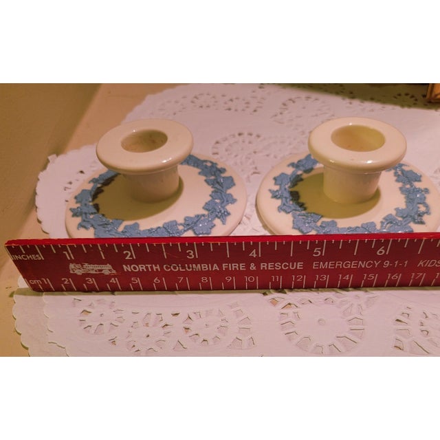 Cream Wedgwood Etruria Blue on Cream Queensware Candle Holders, Barlaston Embossed. Made in England. For Sale - Image 8 of 8