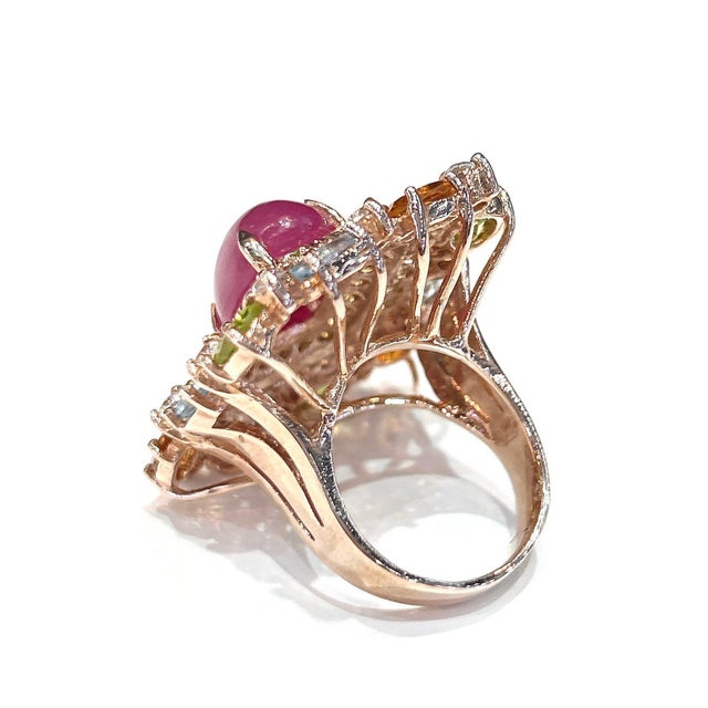 Green Bochic “Orient” Vintage Ruby & Multi Sapphire Cocktail Ring Set In 18K Gold & Silver For Sale - Image 8 of 13