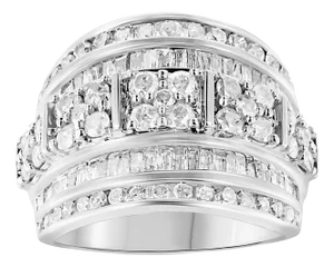 .925 Sterling Silver 2.0 Cttw Round & Baguette Cut Diamond Multi-Row Channel Set Tapered Cocktail Fashion Ring - Size 6