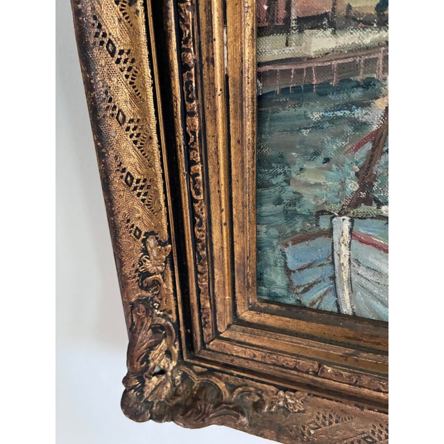 Textile Vintage Original Scandinavian Harbor Oil Painting For Sale - Image 7 of 16