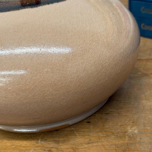Tan Round Blush Ceramic Vase with Brown Neck and Crackle Glaze For Sale - Image 8 of 9