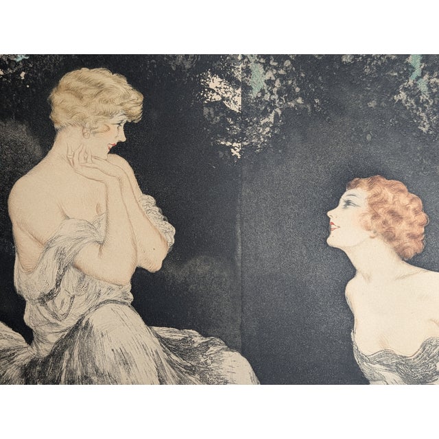 Original Art Deco etching, drypoint and aquatint in colors by Louis Icart (French, 1888-1950), 1928. Two women in evening...