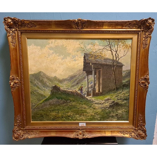 Alpine landscape in oil on panel by painter giuseppe gheduzzi. stunning mountain landscape depicting a peasant woman in...