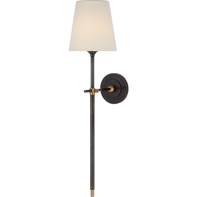Metal Thomas O'Brien for Visual Comfort Signature Bryant 27" Cordless Tail Sconce in Bronze and Hand-Rubbed Antique Brass with Linen Shade For Sale - Image 7 of 13